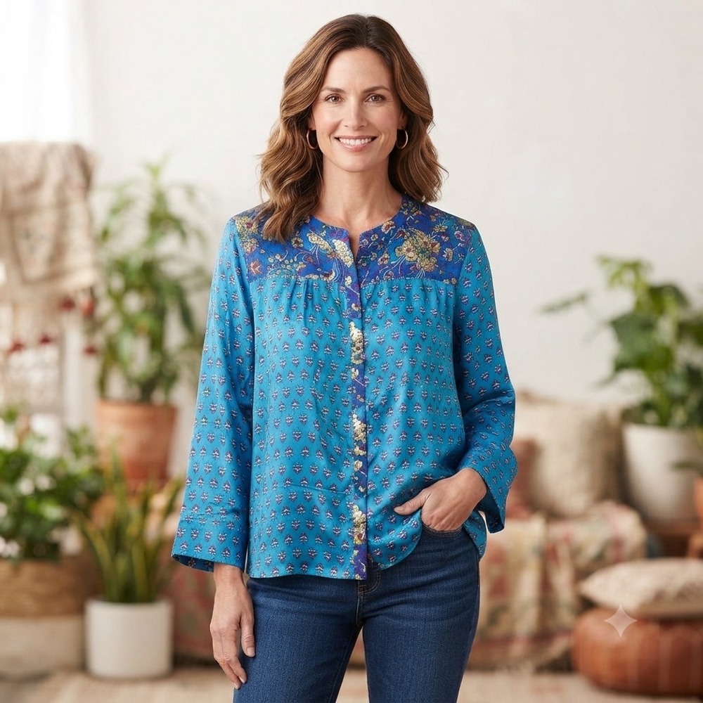 Persaman New York Silk Blue Purple Vibrant Paisley Print Bell Button Shirt 1 X